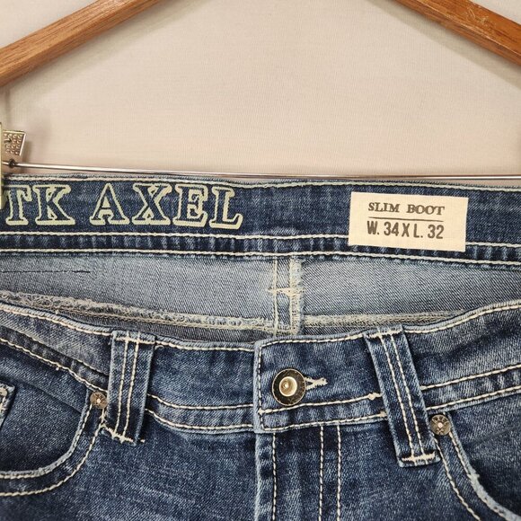 TK Axel Slim Boot Denim Jeans Men's 34x32 Distressed Classic Work Flap Pockets - Picture 6 of 8